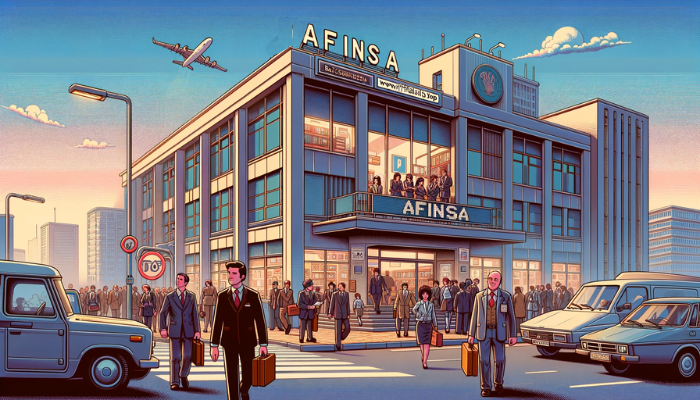 Imagen horizontal al estilo Pixar para ilustrar el artículo "Antecedentes e historia de Afinsa". La escena debe representar el edificio de una empresa dedicada a la filatelia, llamada Afinsa, lleno de gente de negocios que entran y salen, vestidos con atuendos de los años ochenta. El edificio debe tener un diseño arquitectónico auténticamente ochentero, que refleje la estética de la época, con un cartel que muestre el nombre "Afinsa". La atmósfera debe transmitir un ambiente ajetreado y dinámico, sugerente de un negocio próspero. Incluye la URL "https://www.filatelia.top/" en la imagen, sutilmente integrada en la escena, posiblemente en el edificio o en el entorno.