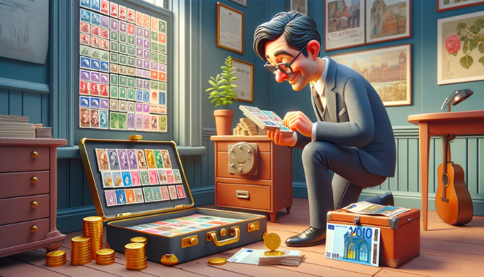 Cree una imagen horizontal con un estilo que recuerde a la animación de Pixar. La escena es para la portada de un artículo titulado "Cómo GANAR DINERO INVIRTIENDO en sellos o timbres postales". En ella aparece un atractivo filatelista de 45 años examinando su colección de sellos. A su lado hay una pequeña caja fuerte abierta que contiene billetes de euro y un pequeño lingote de oro. La composición de la imagen debe ser viva y colorida, sugiriendo éxito y prosperidad en la afición de coleccionar sellos. Incluya la URL 'https://www.filatelia.top/' en la imagen de forma sutil pero legible, integrada en la escena como si formara parte de la decoración de la habitación.