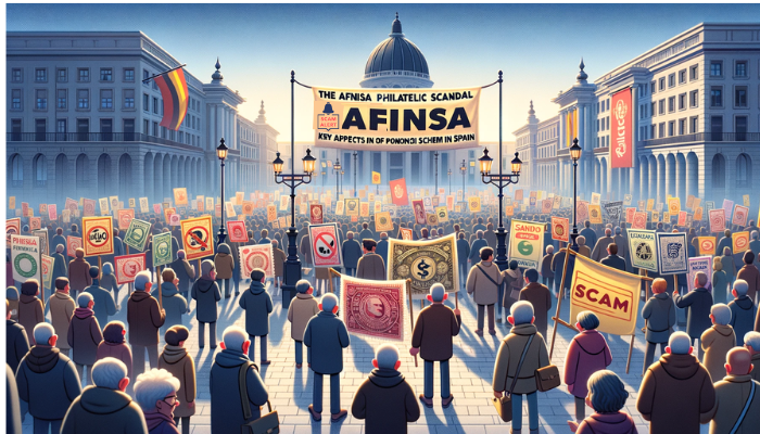 Imagen horizontal al estilo Pixar para ilustrar el artículo 'EL ESCÁNDALO FILATÉLICO DE AFINSA: Aspectos clave de la estafa filatélica Ponzi en España'. La escena muestra una manifestación en una plaza de la ciudad donde la gente protesta contra la estafa de una empresa de inversión filatélica llamada Afinsa. Los manifestantes llevan pancartas con sellos filatélicos o logotipos de la estafa. El escenario debe captar la protesta y el activismo del público, transmitiendo un sentimiento de comunidad unida contra el fraude. El ambiente debe ser vibrante y lleno de detalles, para enfatizar la magnitud de la protesta. Incluya la URL "https://www.filatelia.top/" en la imagen, sutilmente integrada en la escena, quizá en una pancarta o en el fondo.