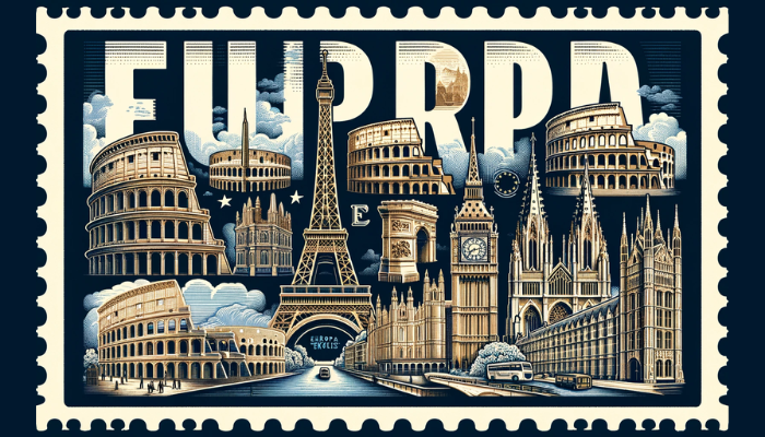 Sello de correos ficticio titulado "EUROPA", con motivos de famosos edificios europeos. El sello debe mostrar un collage de estructuras emblemáticas como la Torre Eiffel (Francia), el Coliseo (Italia), el Big Ben (Reino Unido), el Partenón (Grecia) y la Sagrada Familia (España). Estos hitos deben combinarse artísticamente en un diseño cohesivo y visualmente atractivo que represente la diversidad arquitectónica y el patrimonio de Europa. La palabra "EUROPA" debe integrarse de forma destacada en el diseño, utilizando un tipo de letra elegante y en negrita que complemente la estética general del sello, encarnando un sentido de unidad europea y riqueza cultural. https://www.filatelia.top/