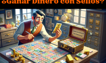 Imagen horizontal con un estilo que recuerde a la animación de Pixar. La escena es para la portada de un artículo titulado "Cómo GANAR DINERO INVIRTIENDO en sellos o timbres postales". En ella aparece un atractivo filatelista de 45 años examinando su colección de sellos. A su lado hay una pequeña caja fuerte abierta que contiene billetes de euro y un pequeño lingote de oro. La composición de la imagen debe ser viva y colorida, sugiriendo éxito y prosperidad en la afición de coleccionar sellos. Incluya la URL 'https://www.filatelia.top/' en la imagen de forma sutil pero legible, integrada en la escena como si formara parte de la decoración de la habitación.