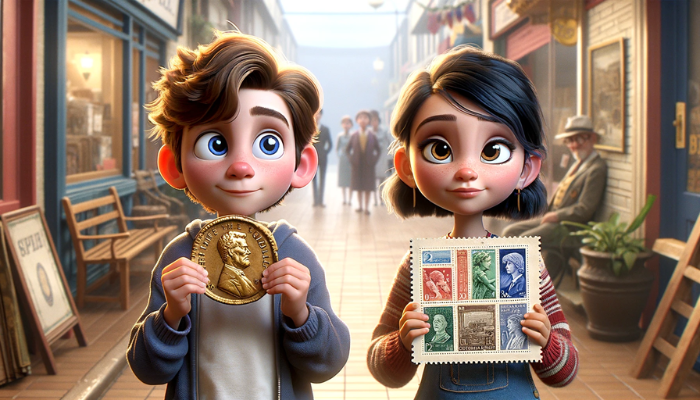 Imagen panorámica realista al estilo Pixar de un niño de 12 años que sostiene una antigua moneda de oro y una niña de 12 años que sostiene un valioso sello filatélico. Están uno al lado del otro, mirando al frente con expresiones de duda y medias sonrisas, contemplando si es mejor coleccionar sellos o monedas. La escena capta su curiosidad juvenil y sus expresiones reflexivas, resaltando los diseños detallados de la moneda y el sello que tienen en las manos, en un entorno visualmente atractivo y colorido que refleja sus intereses. https://www.filatelia.top/