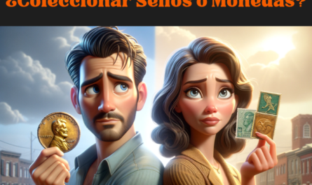 Una imagen panorámica y realista al estilo Pixar en la que aparece un atractivo hombre de 35 años sosteniendo una antigua moneda de oro en una mano, y a su lado, una atractiva mujer de 35 años sosteniendo un valioso sello filatélico. Ambos miran hacia delante con expresiones de duda y medias sonrisas, contemplando si es mejor afición coleccionar sellos o monedas. La escena debe captar un momento de contemplación compartida entre ellos, destacando su atractivo dilema y la belleza de su interés compartido, todo ello dentro de una atmósfera cálida y acogedora. https://www.filatelia.top/