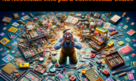 Una imagen realista al estilo Pixar que muestra a un abrumado coleccionista de sellos rodeado de un montón de accesorios para coleccionar sellos. La escena tiene una relación de aspecto panorámica, que muestra vívidamente al coleccionista, envuelto en un caótico surtido de artículos como lupas, pinzas, bandejas, tijeras y un calibre de perforación. El entorno, desordenado pero colorido, capta la esencia de un apasionado aficionado perdido en la multitud de sus herramientas de coleccionismo, evocando una sensación de capricho y la naturaleza abrumadora de una búsqueda dedicada. https://filatelia.top/